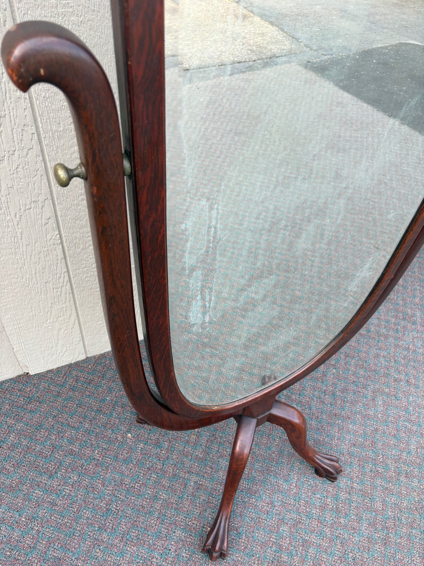 67612 Antique Oak Cheval Mirror with Beveled Glass