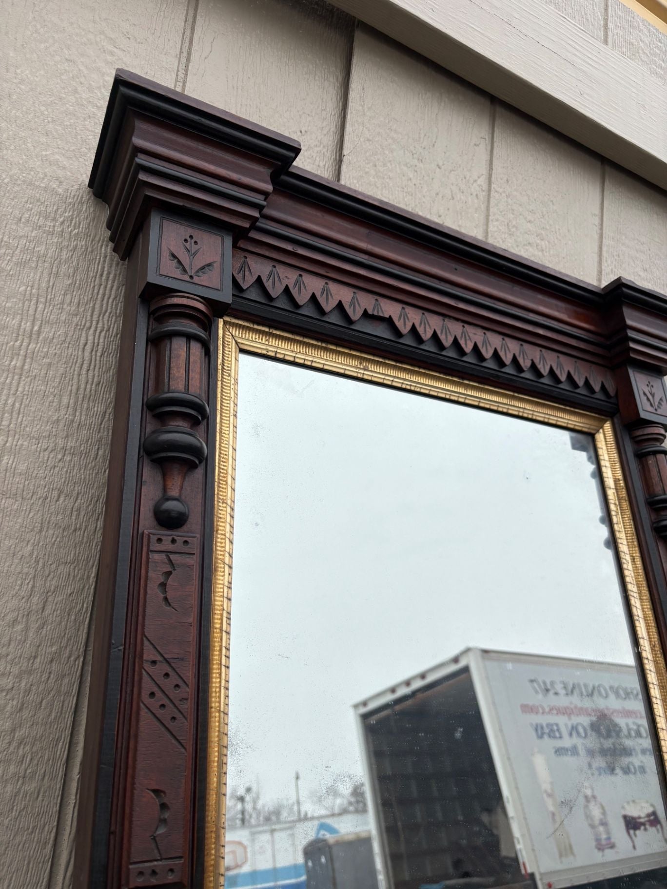 66659  Victorian Eastlake Pier Mirror with Marble Shelf, Walnut Wood
