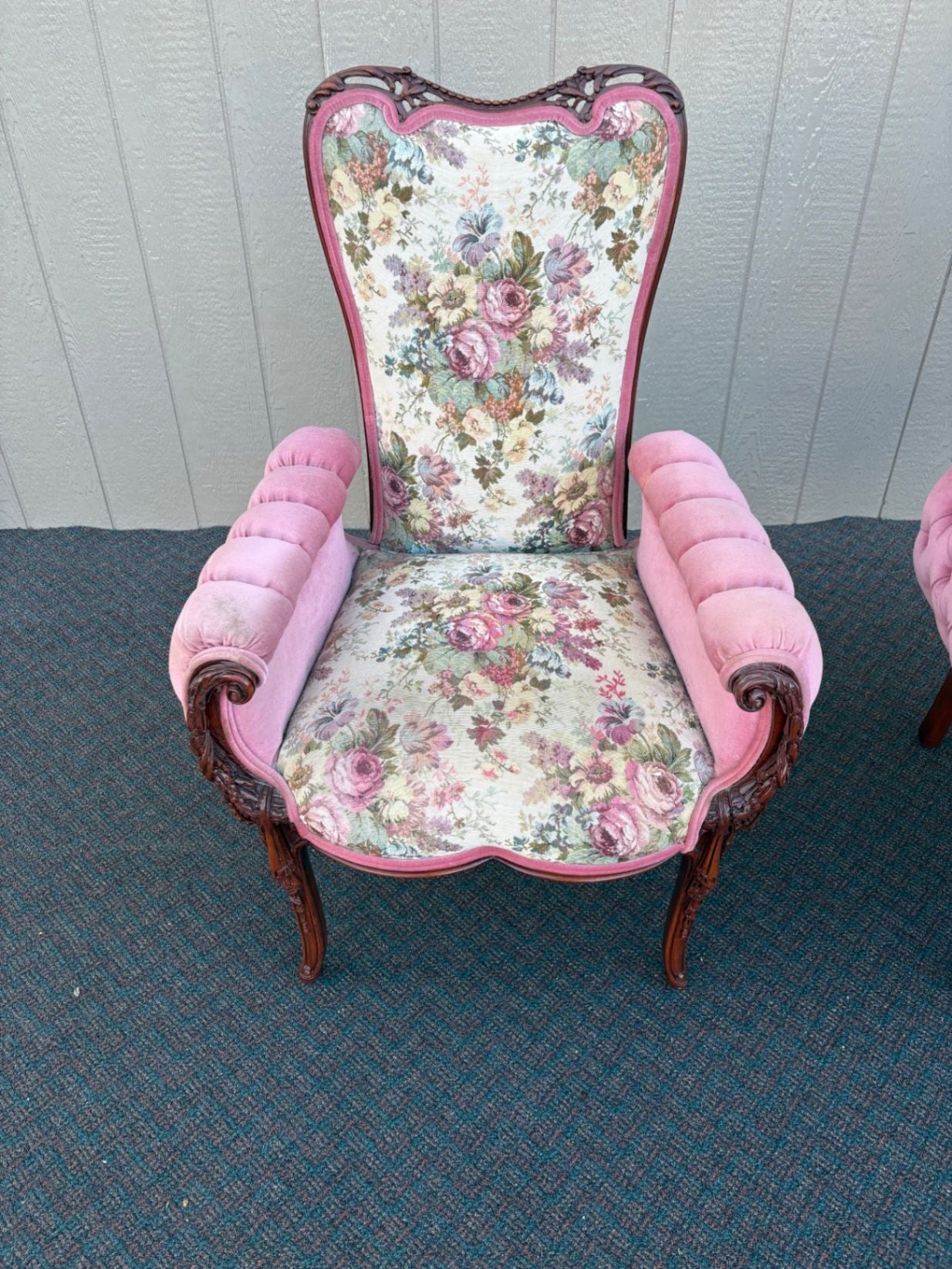 67494  Pair of Decorator Revival Armchairs with Floral Upholstery Seat 20"H