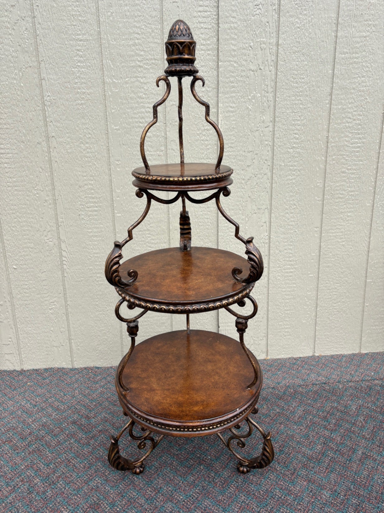 67831 Ornate Three-Tier Accent Table with Metal Scrollwork and Wood Finish