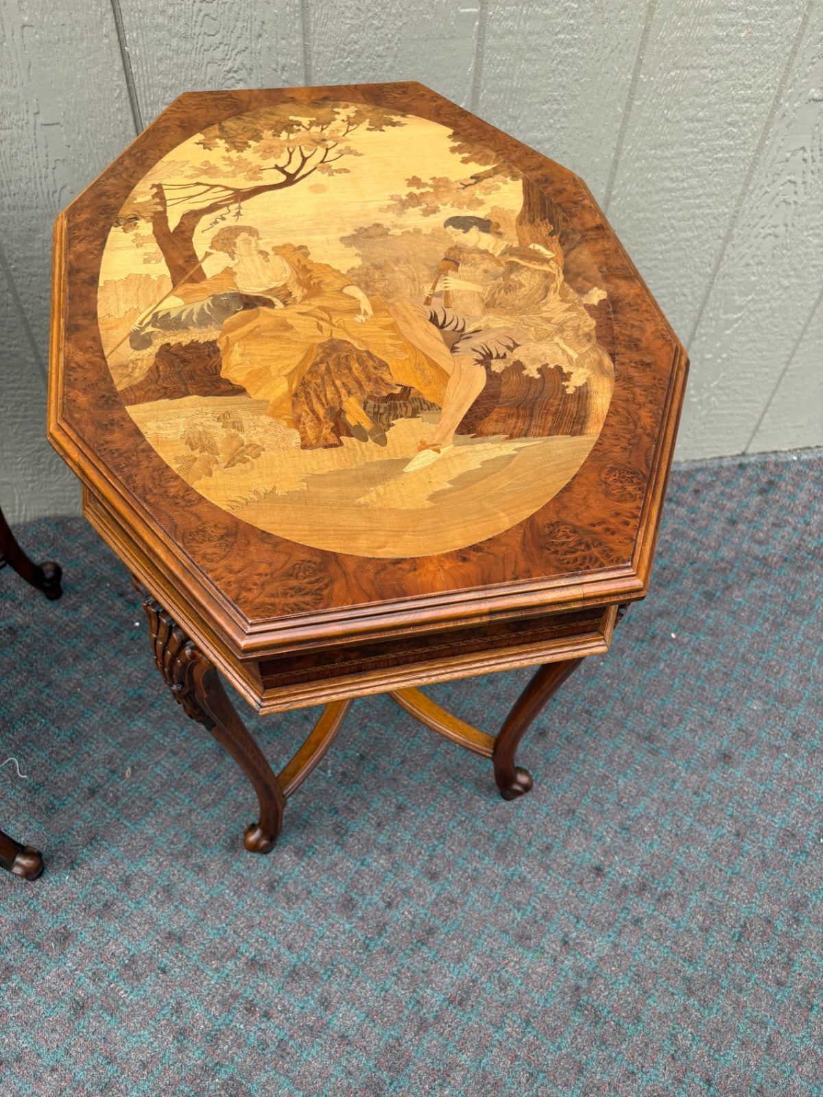 68062 Pair of Inlaid Octagonal Side Tables with Marquetry Scenes