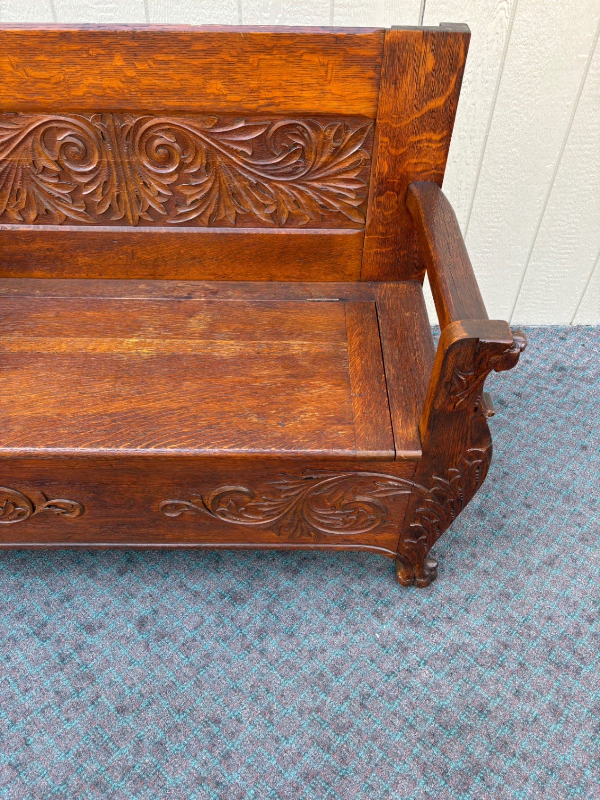 67891  Victorian Oak Carved Storage Bench with Lion Motif Details