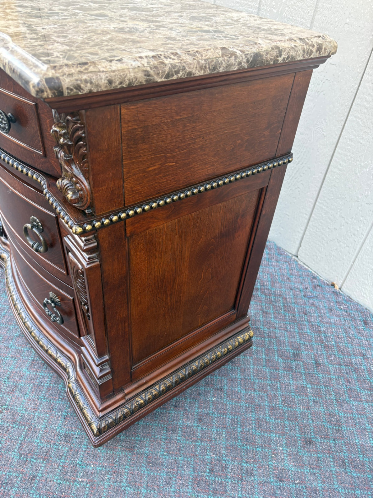 Elegant Marble Top Chest with Carved Wood Detail, 2015