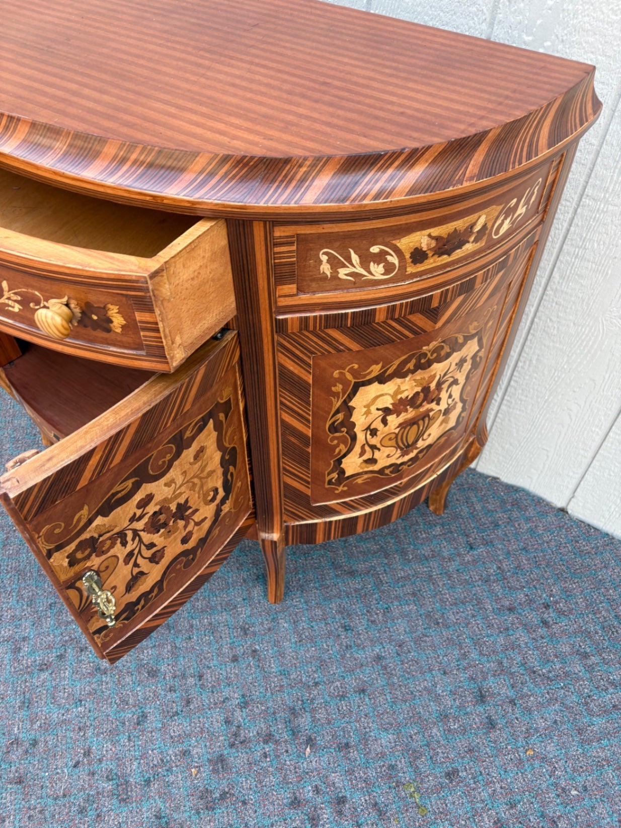67887 Exquisite Inlaid Demilune Chest with Floral Marquetry