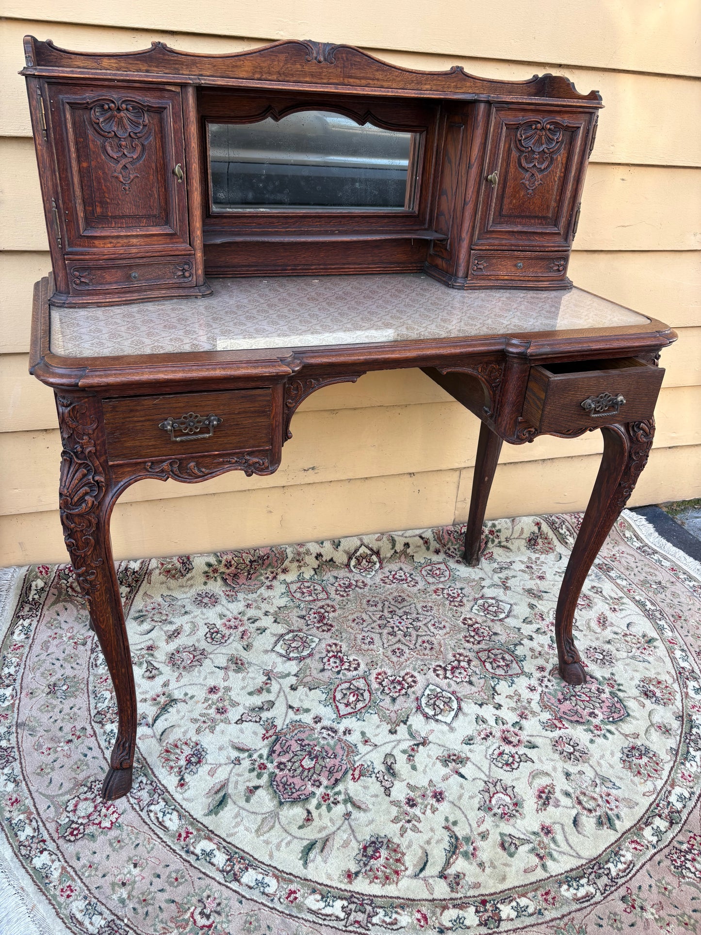 67783 Antique French Louis XV Style Oak Writing Desk with Mirror