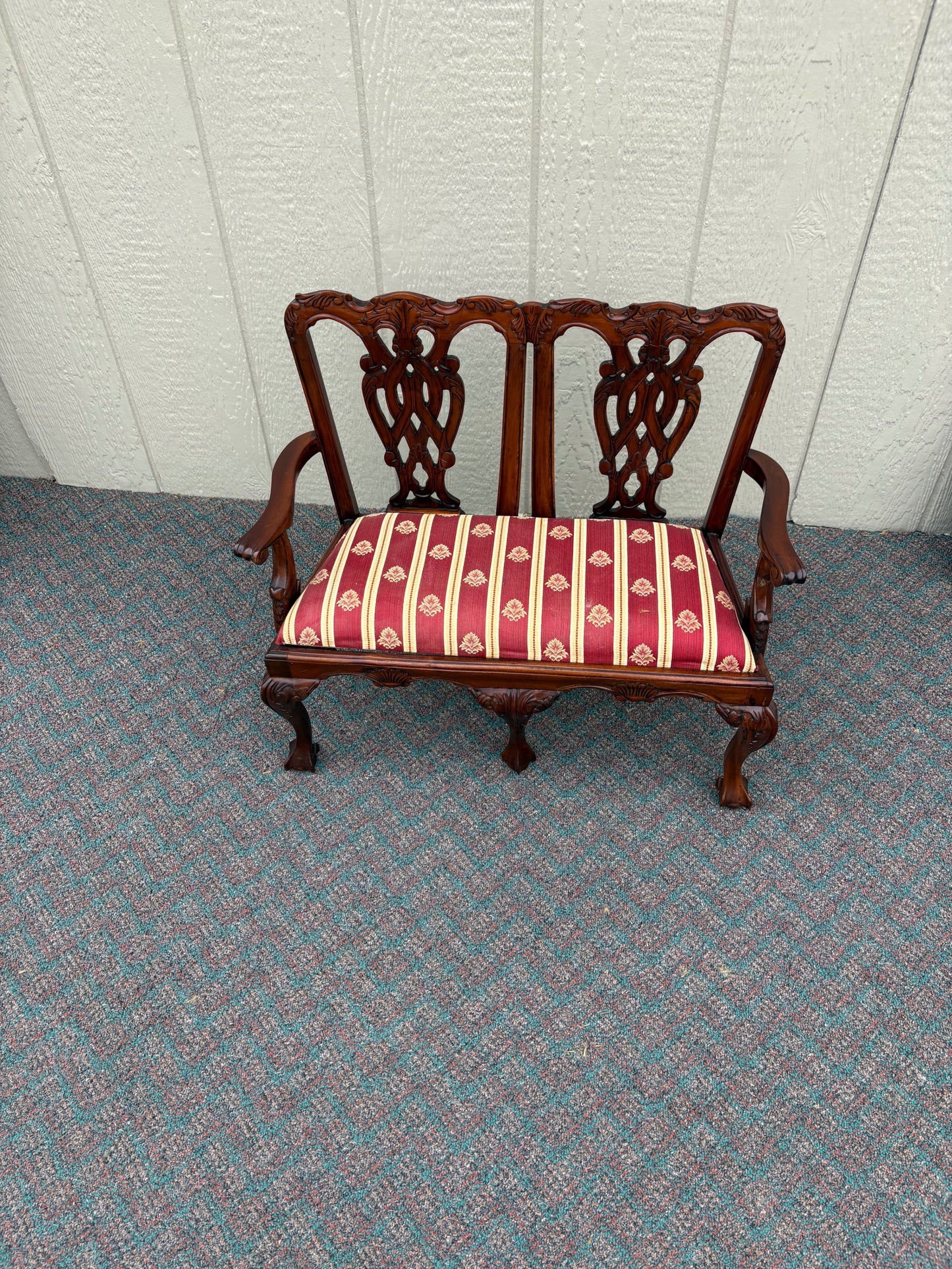 67699 Miniature Chippendale Loveseat with Carved Mahogany and Upholstery