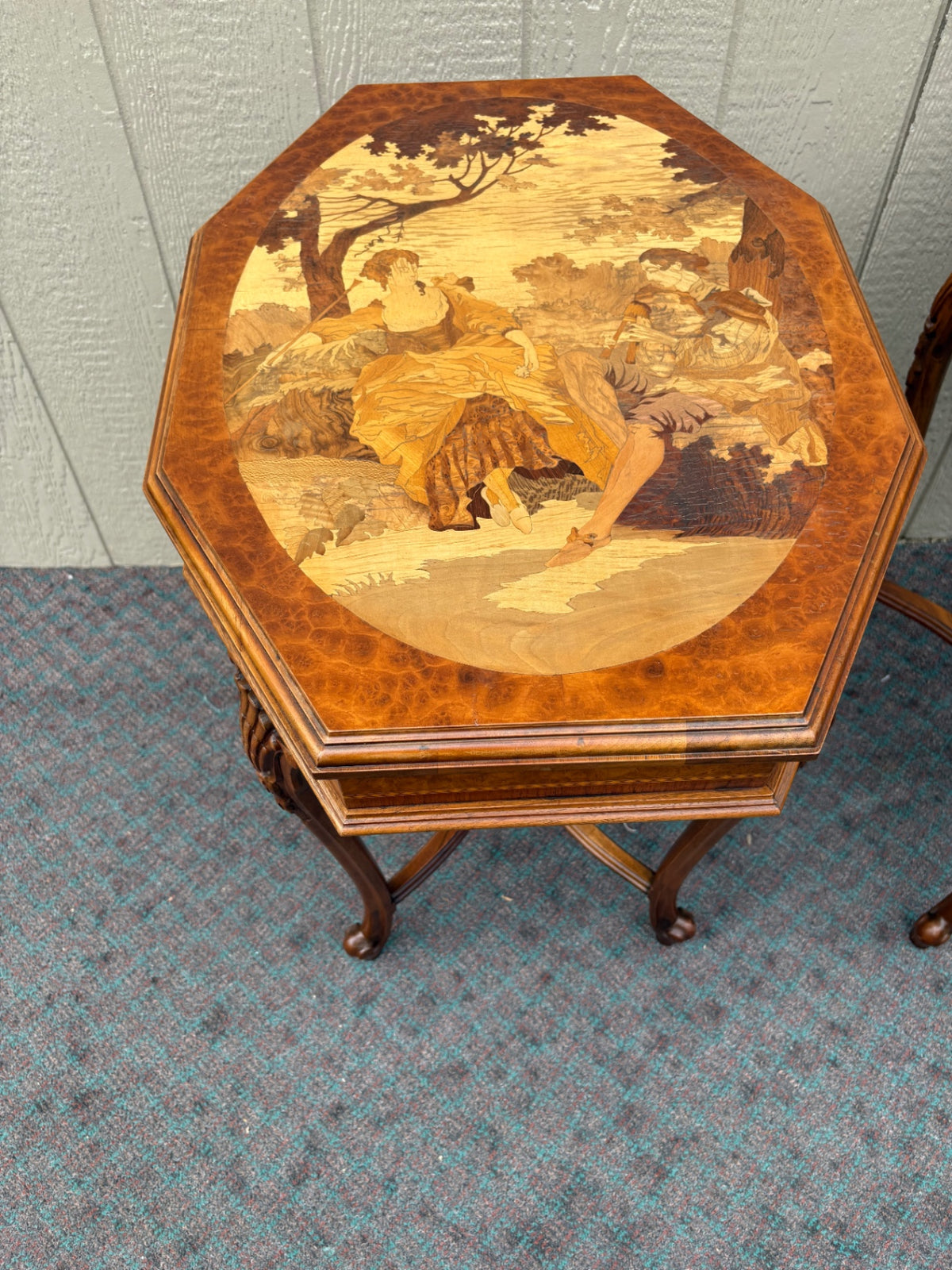 68062 Pair of Inlaid Octagonal Side Tables with Marquetry Scenes
