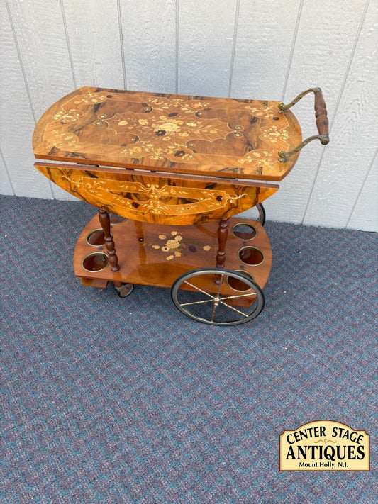 67766 Italian Inlaid Wood Bar Cart with Floral Marquetry Design