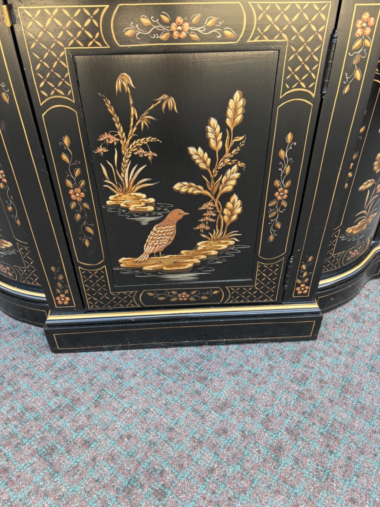 68118 Black Lacquer Asian-Inspired Cabinet with Floral and Bird Motifs