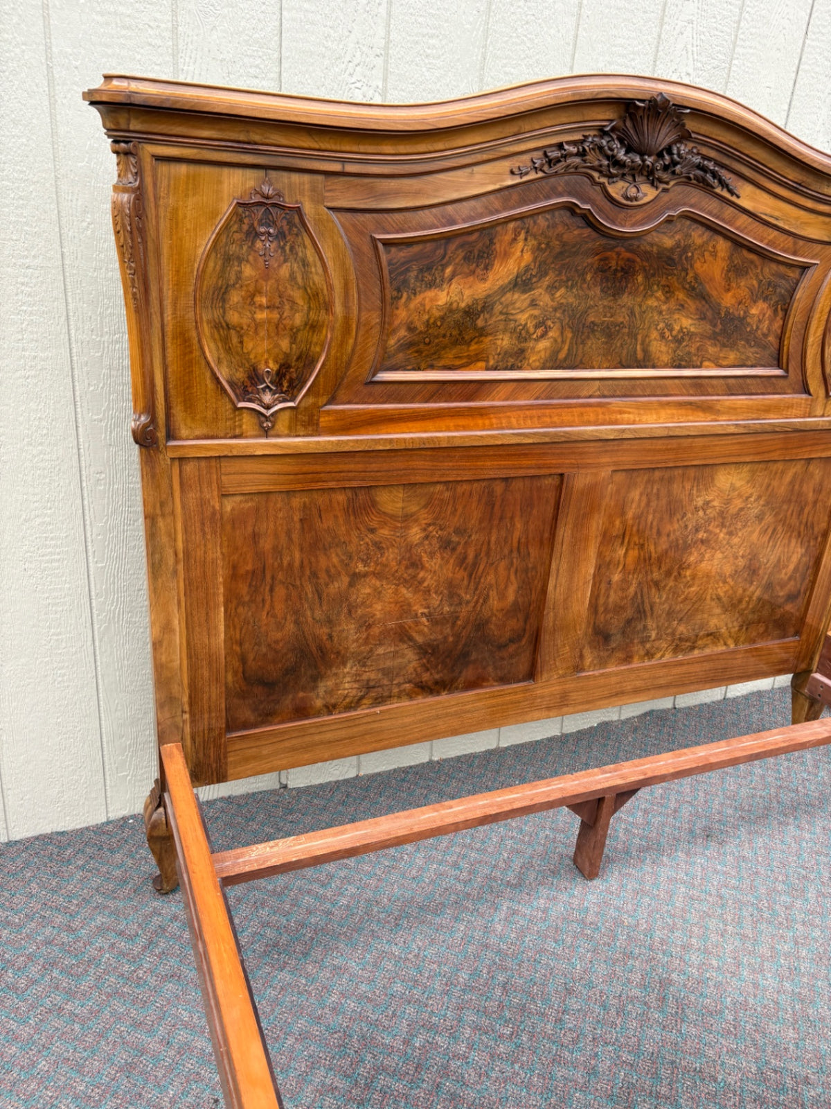 Antique French Queen Bed with Burl Walnut Panels and Carvings