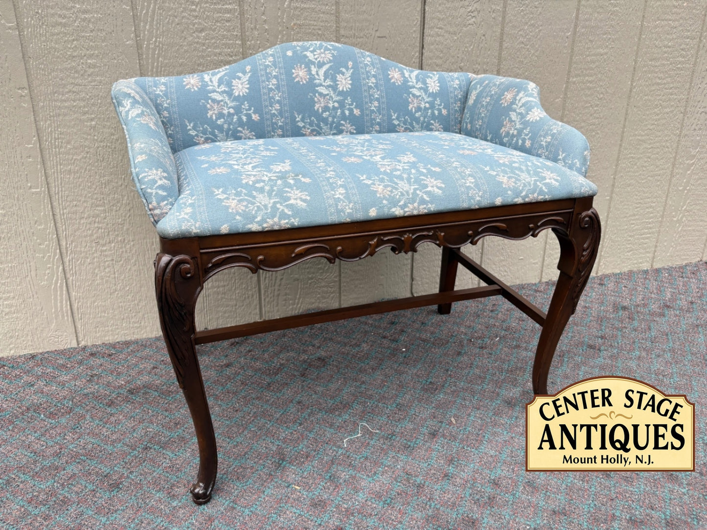 Vintage Carved Mahogany Vanity Bench with Blue Floral Upholstery