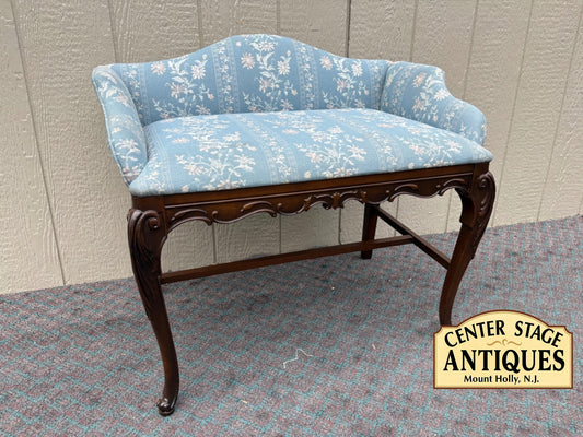 68067 Vintage Carved Mahogany Vanity Bench with Blue Floral Upholstery