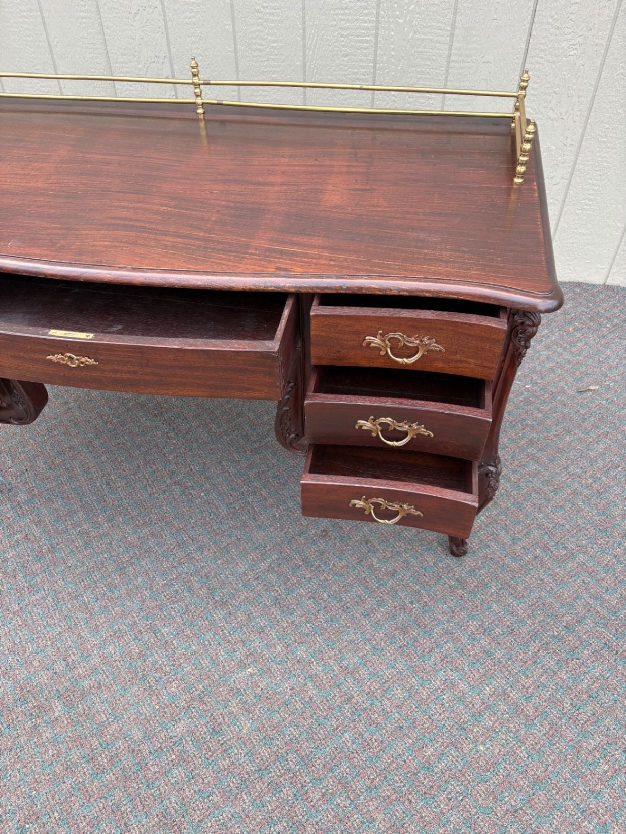 67605 Elegant French Louis XV Style Mahogany Writing Desk with Brass Rail