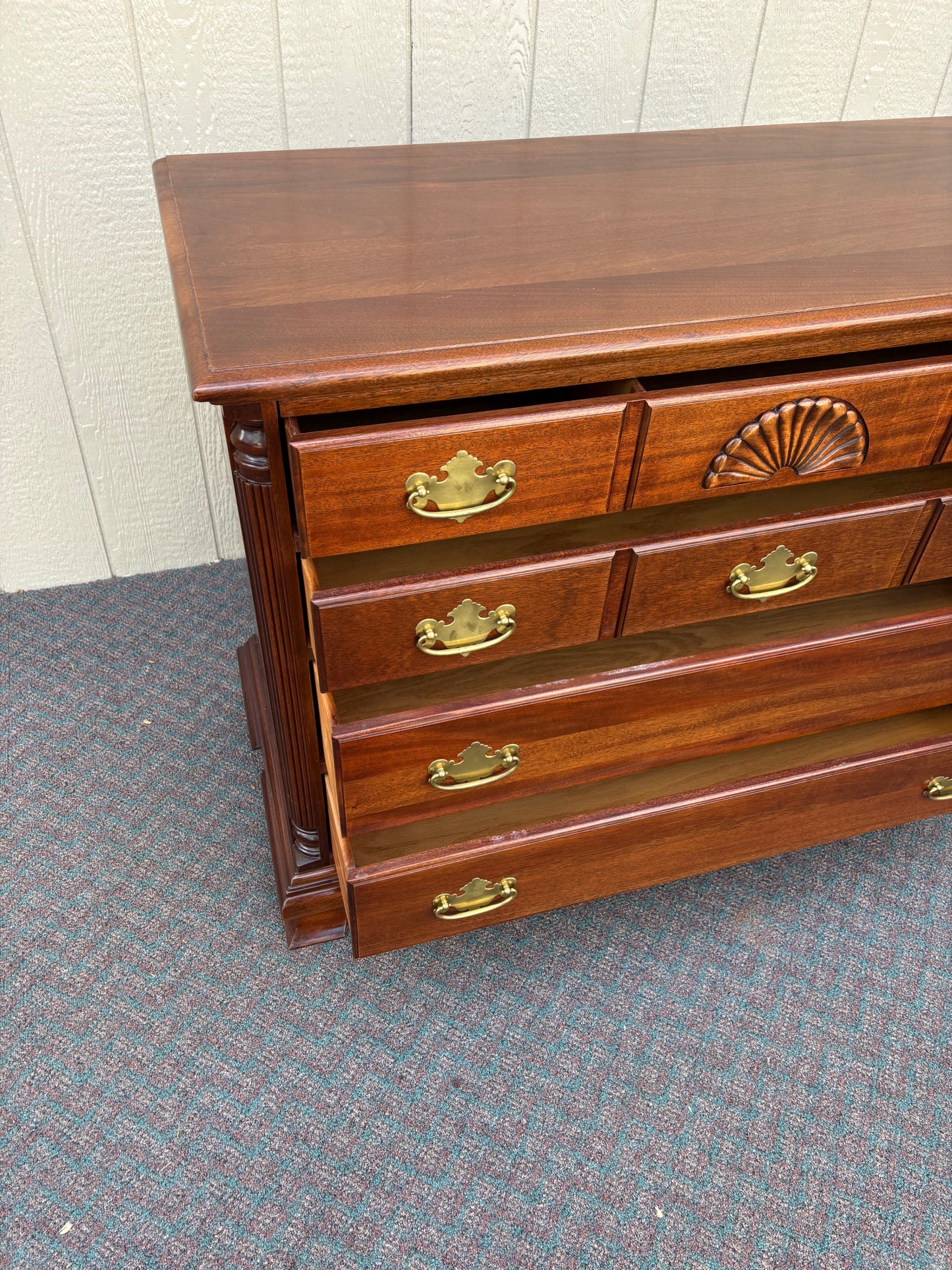 67738 Vintage Mahogany Chest with Brass Hardware and Shell Carving