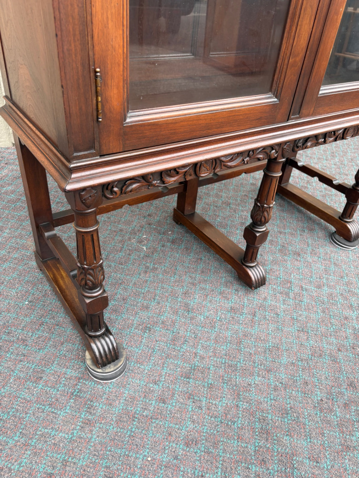 68180  1940s Walnut China Cabinet with Carved Details and Glass Doors
