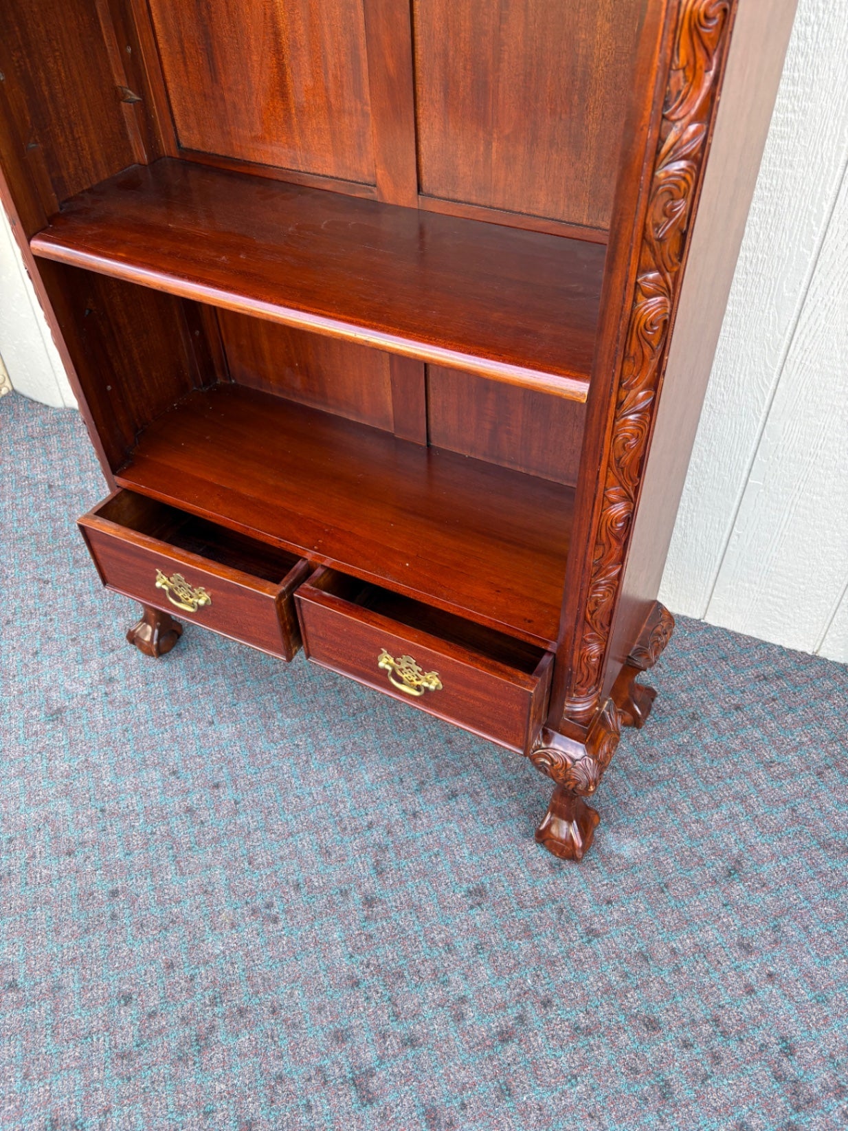 67941 Ornate Mahogany Chippendale Bookcase with Claw Feet and Drawers
