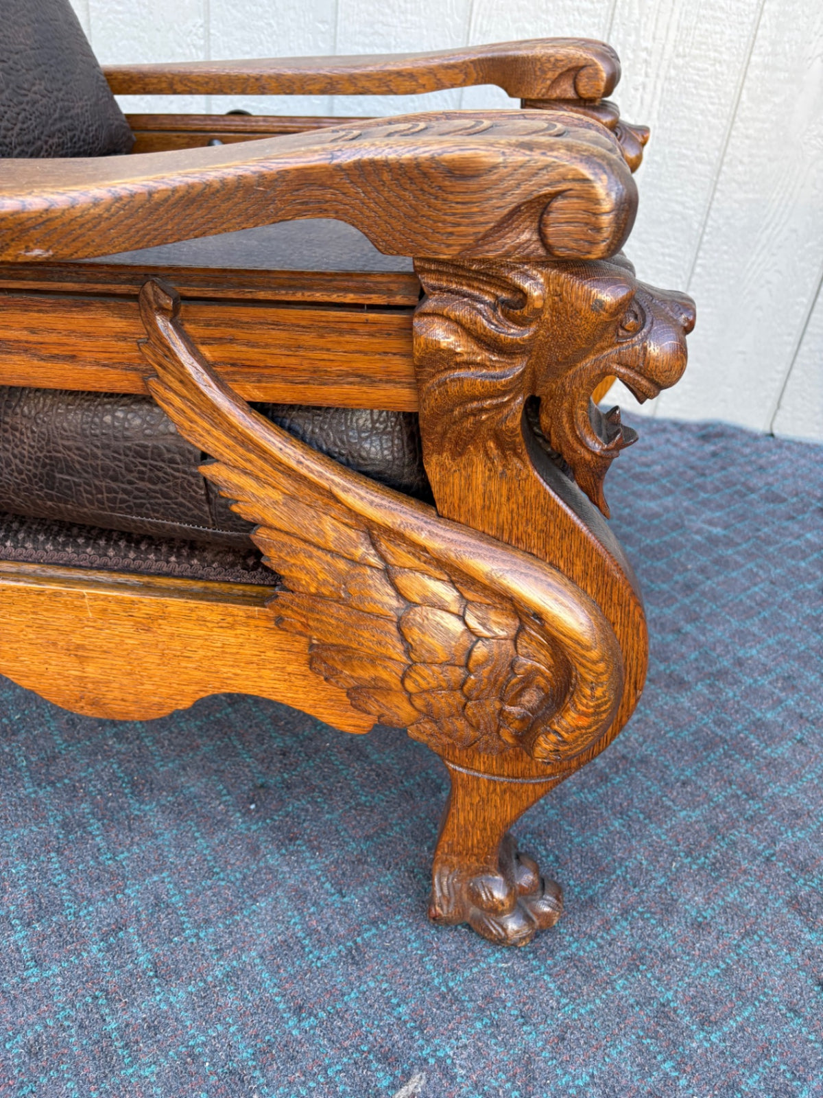 68007  Victorian Oak Morris Chair with Gryphon Carvings and Leather Upholstery