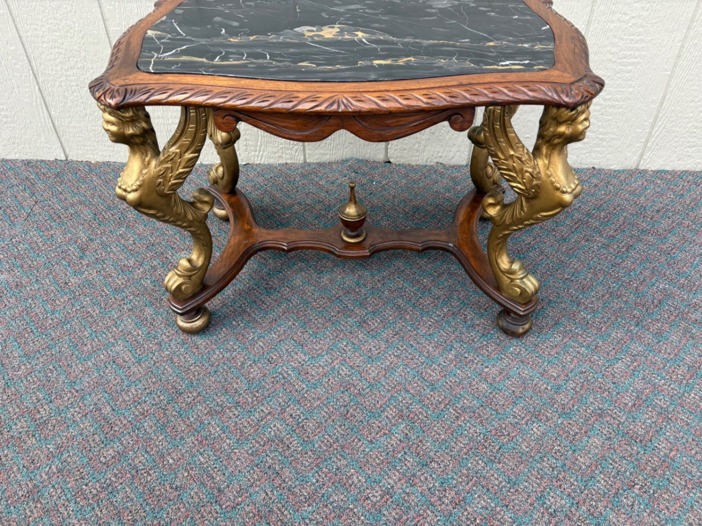 67619 Elegant Figural Carved Coffee Table with Marble Top Winged angel