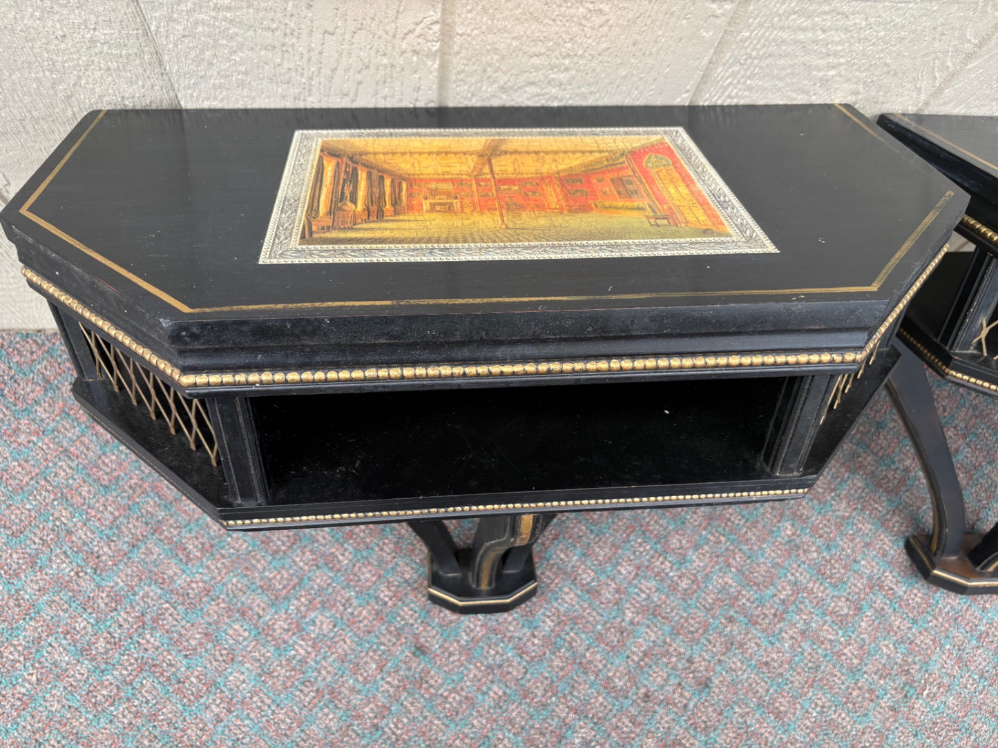 67859 Pair of Vintage Black Wall Shelves with Gold Accents and Decoupage