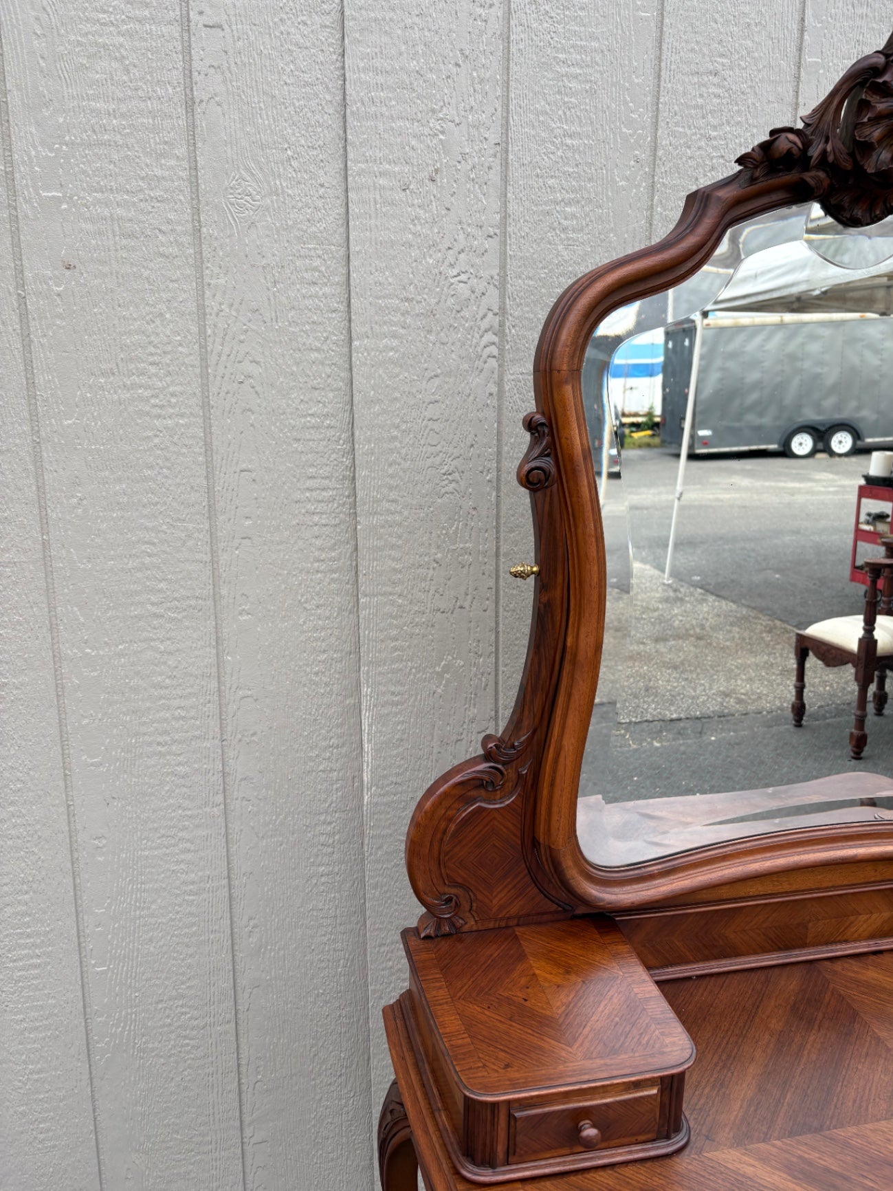 68043 Elegant French Rococo Vanity with Mirror in Rich Walnut