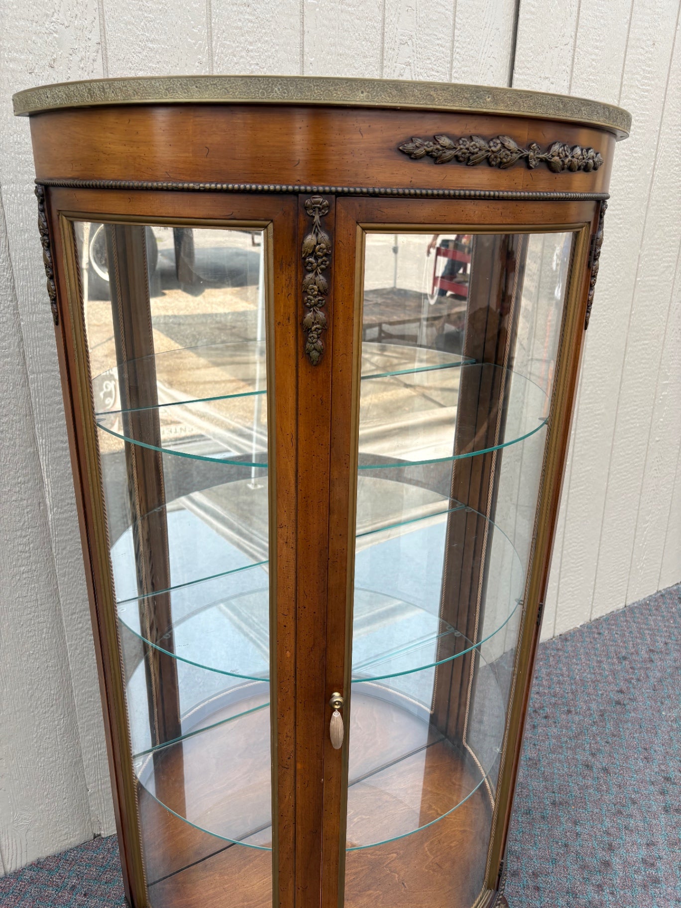 68002 Vintage Bow Front Glass Curio Cabinet with Floral Carvings