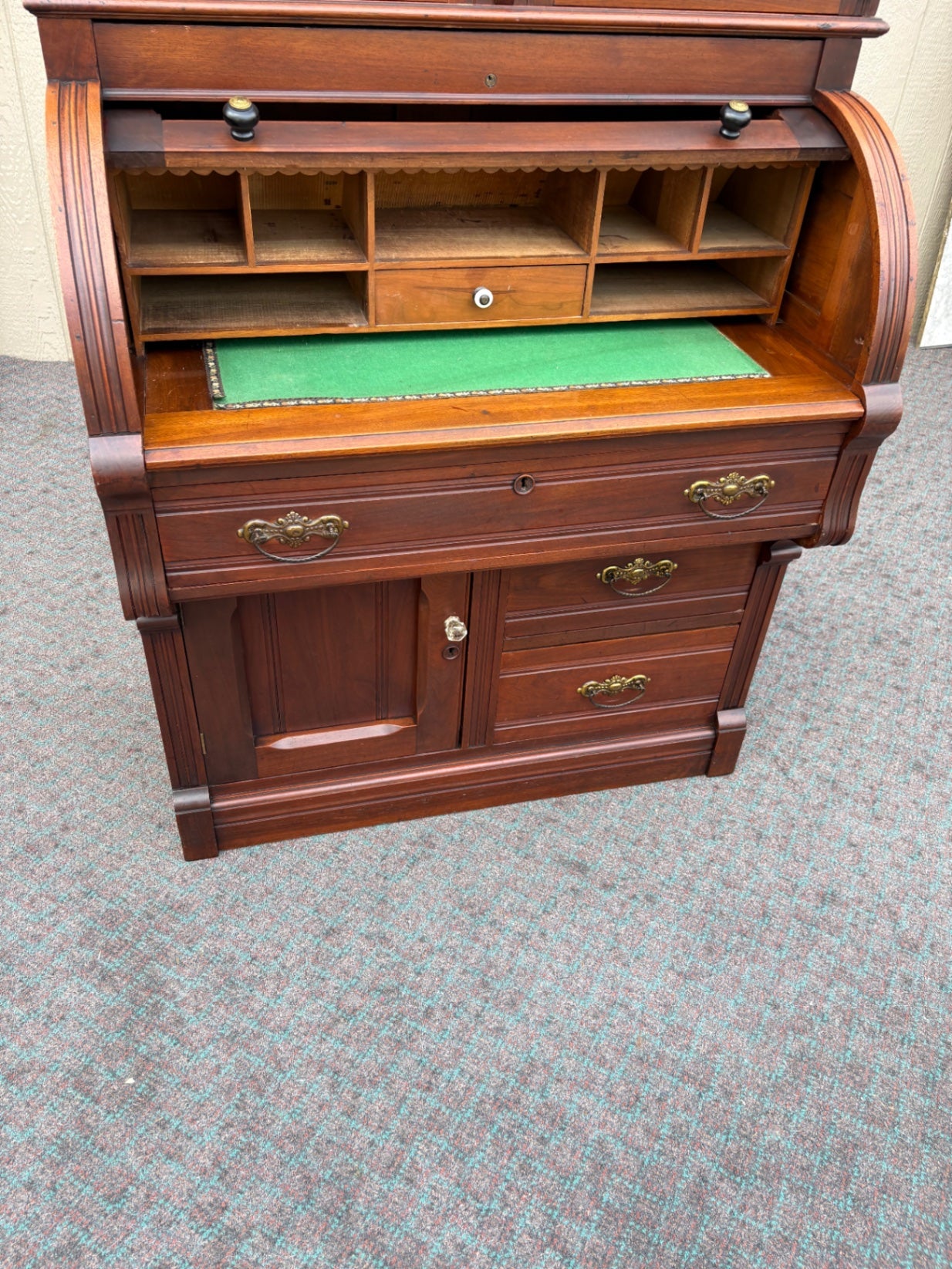 67934  Victorian Cylinder Secretary Desk with Display Cabinet