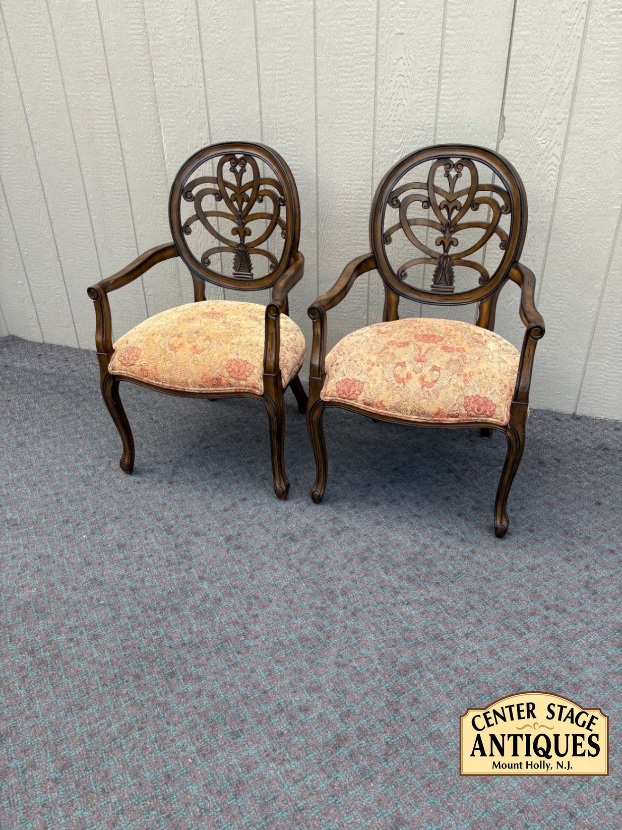 Pair of Carved Wood Armchairs with Upholstered Seats