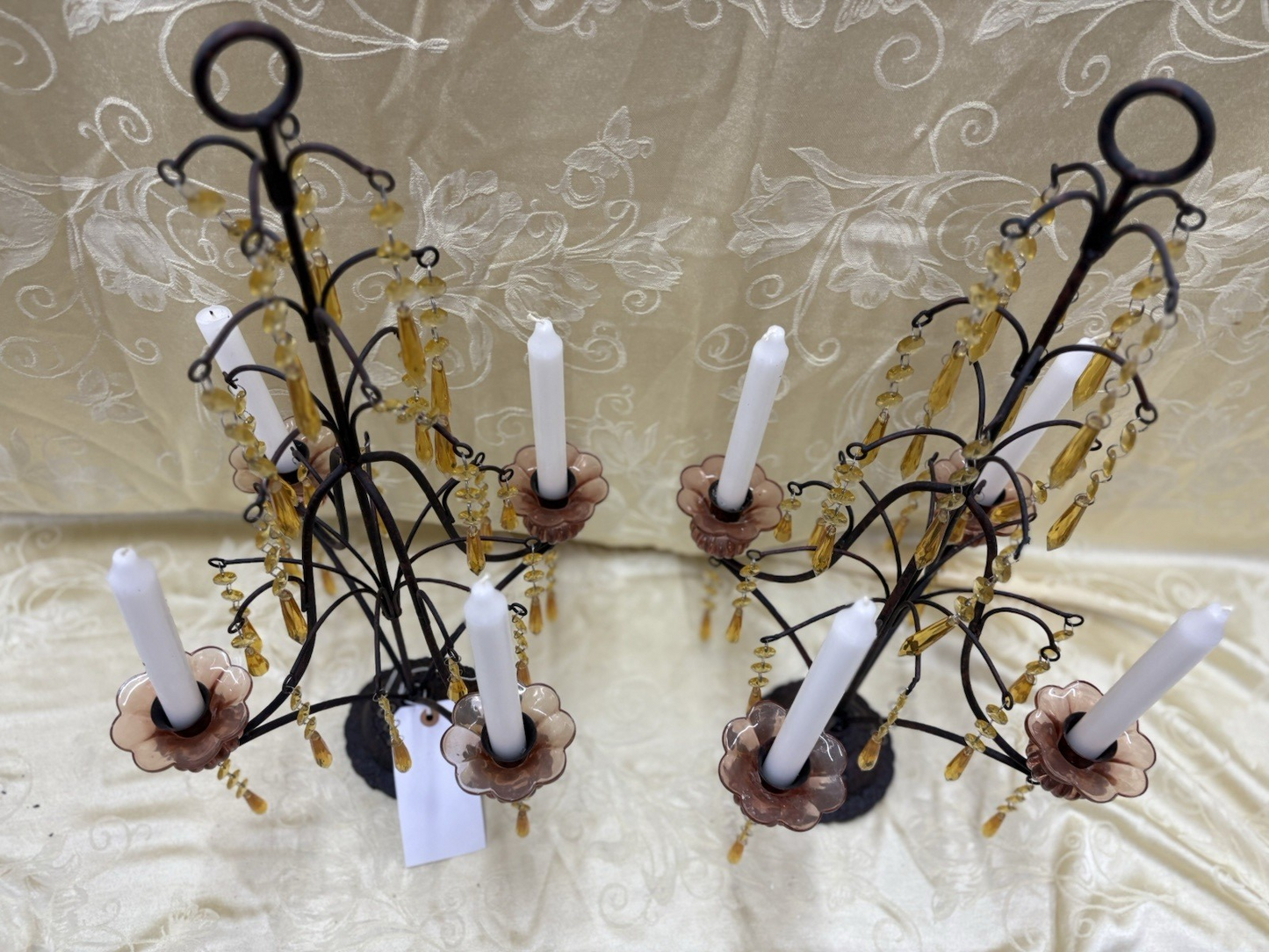 61929 Pair Candelabra Lamps with Glass Prisms