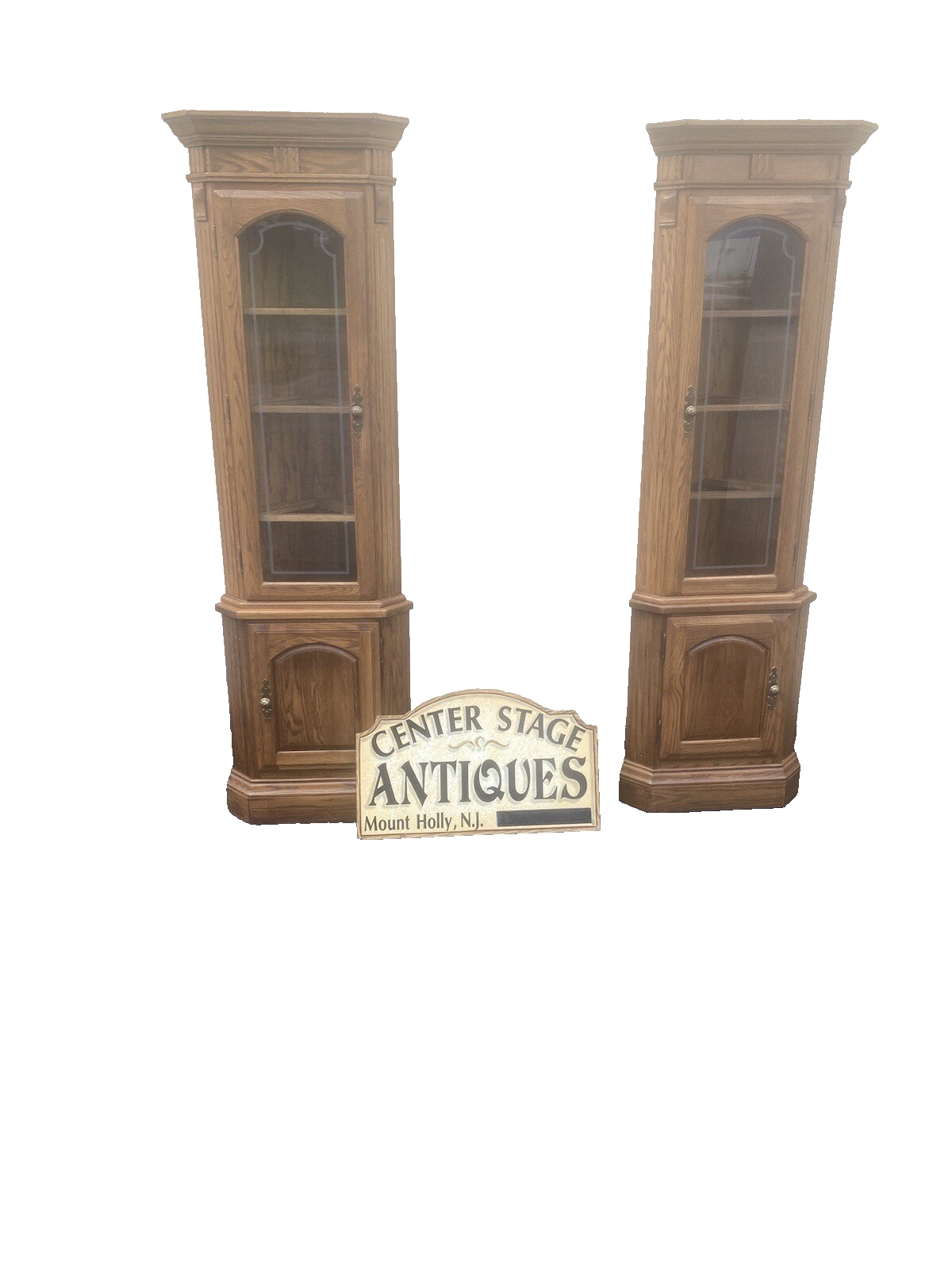 64573  PAIR Oak Corner Cabinet Curio s  With 3 wood and glass shelves each