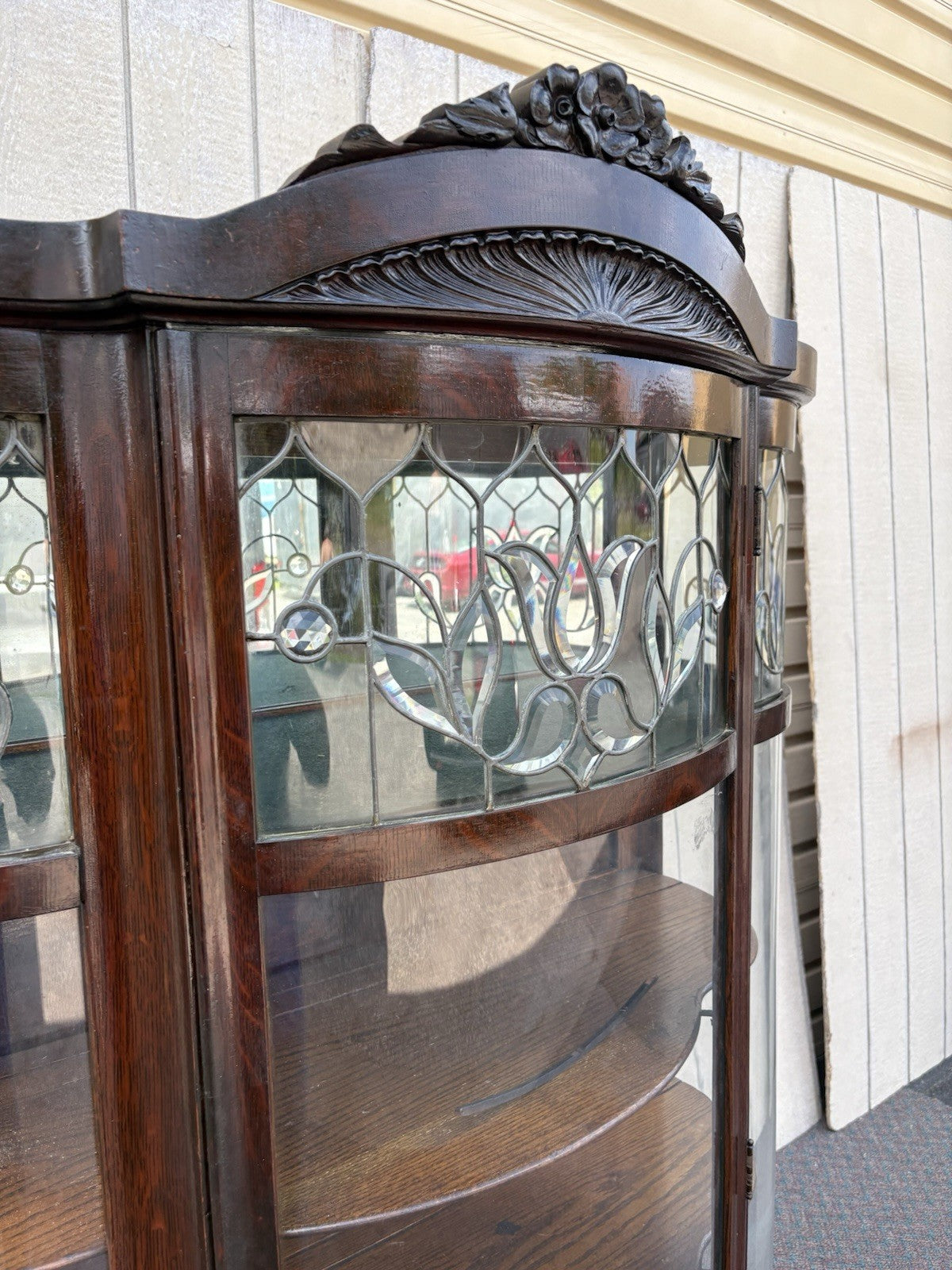 66903   Antique Victorian Oak Leaded Glass Bow Glass Curio China Cabinet