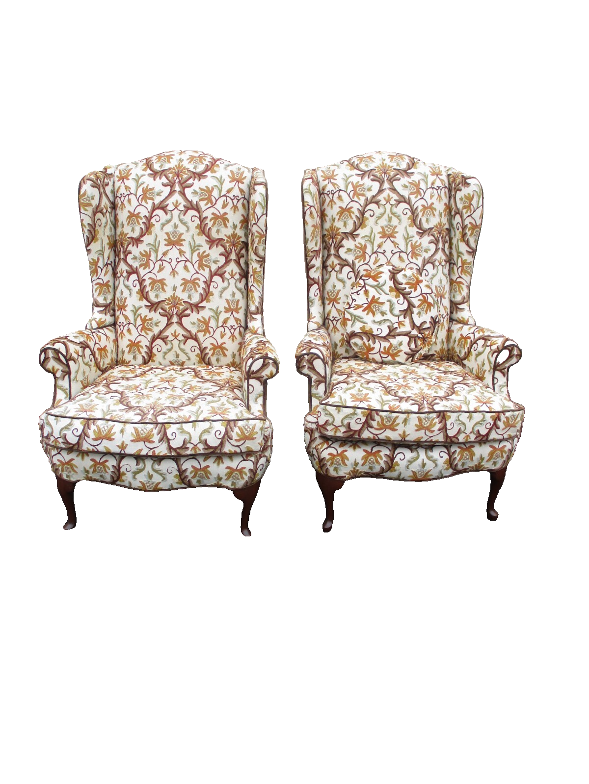 64184   Pair HICKORY  Furniture Crewel Embroidered Queen Anne Wing Chair s