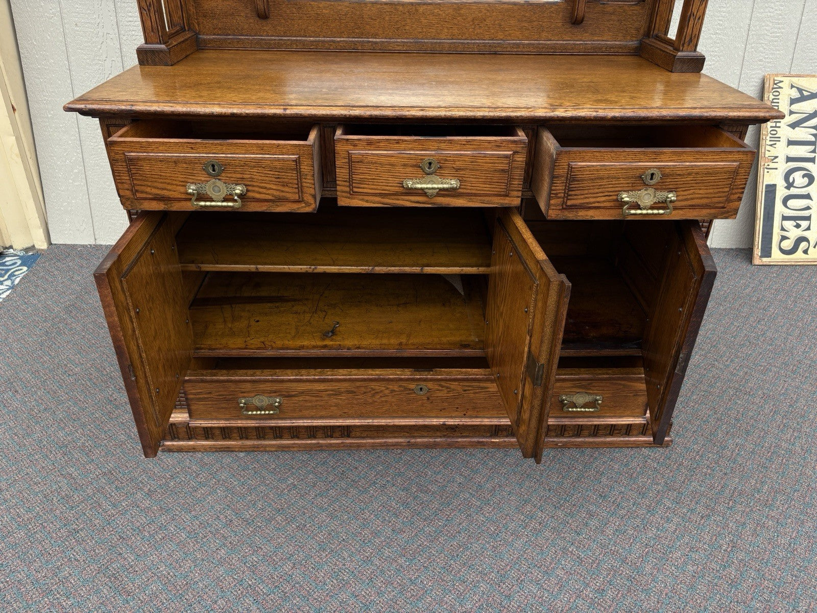 67026 Antique Victorian Oak Sideboard Buffet Cabinet