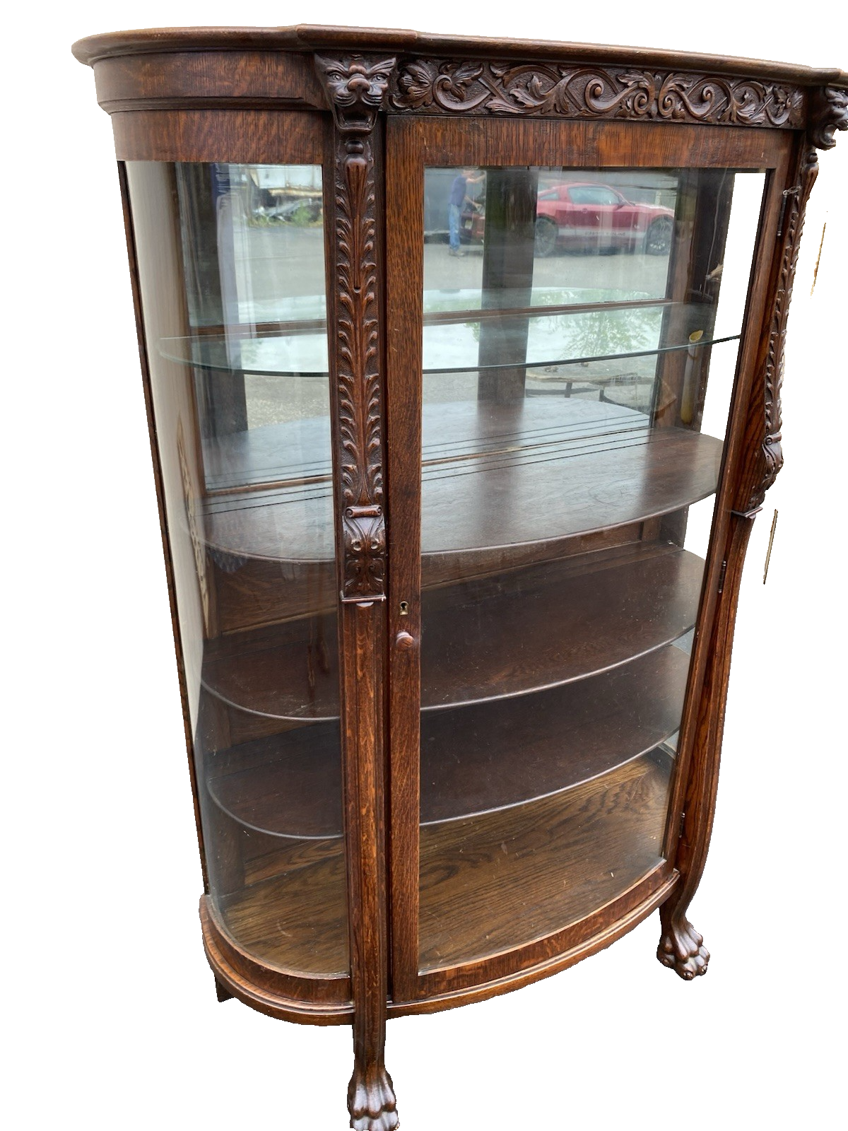 63537 Antique Victorian Oak Hand Carved Bow Glass Lion Head Curio China Cabinet