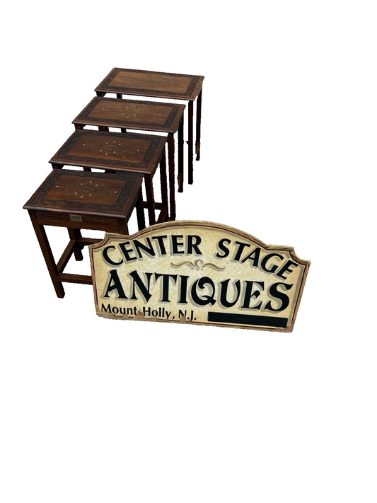 67039 Solid Mahogany Brass Inlaid Set of 4 Oriental Stacking Lamp  Table s