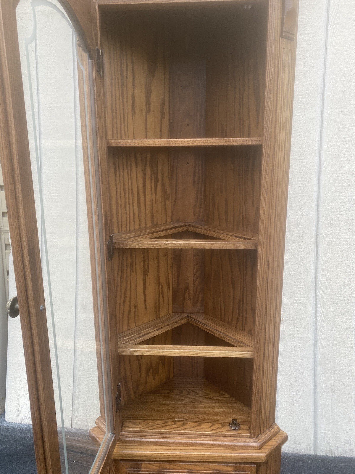 64573  PAIR Oak Corner Cabinet Curio s  With 3 wood and glass shelves each