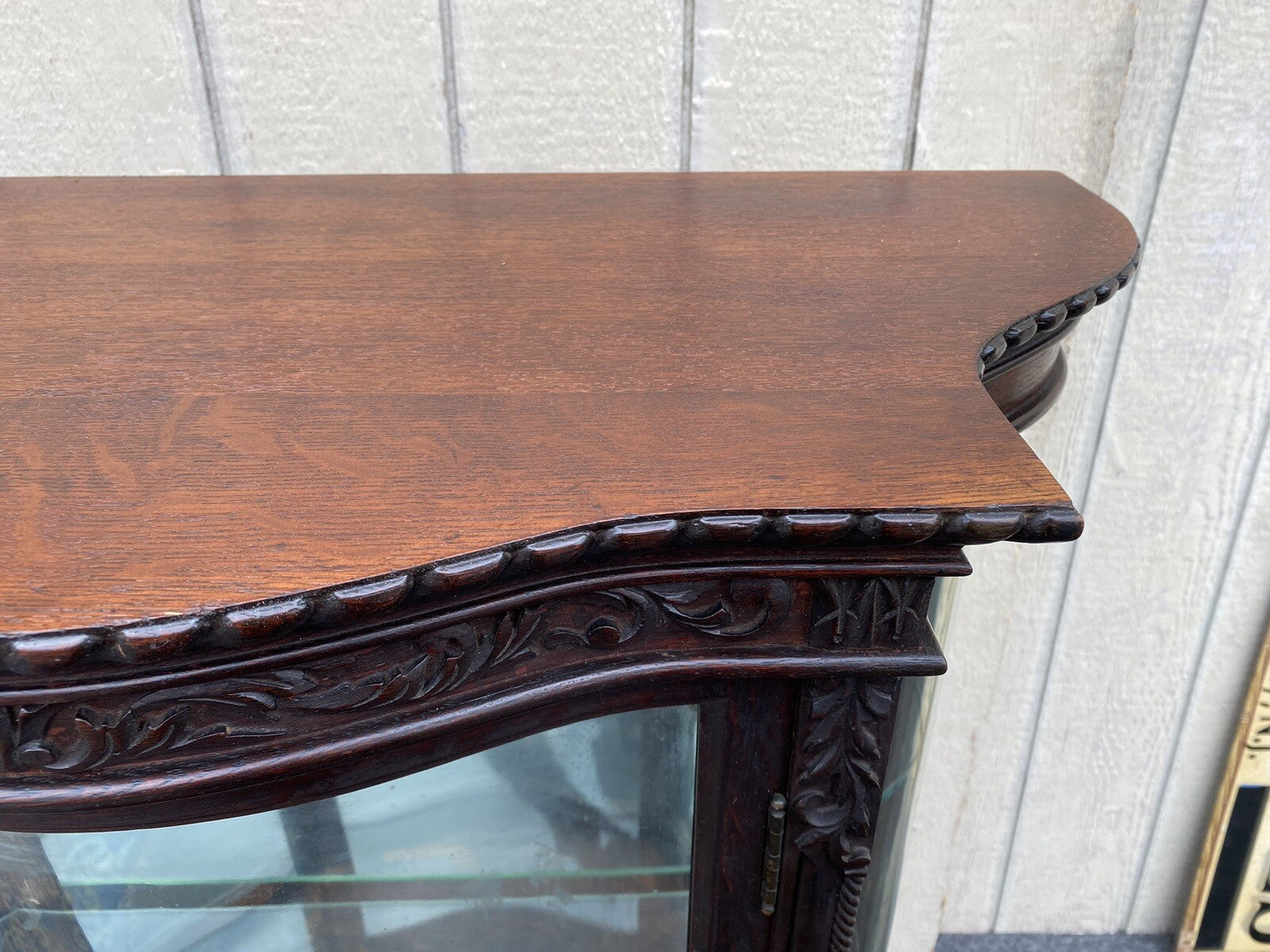 66107   Antique Victorian Oak Serpentine Curio China Cabinet