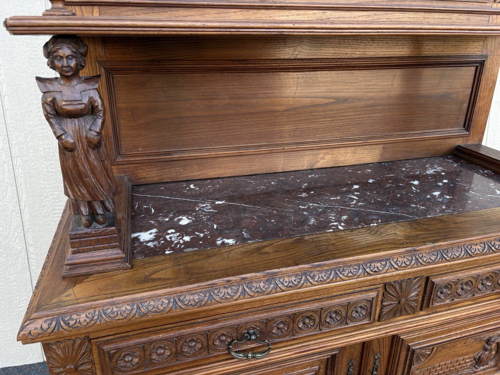 67011 Antique French Marble Top Buffet Sideboard Cabinet