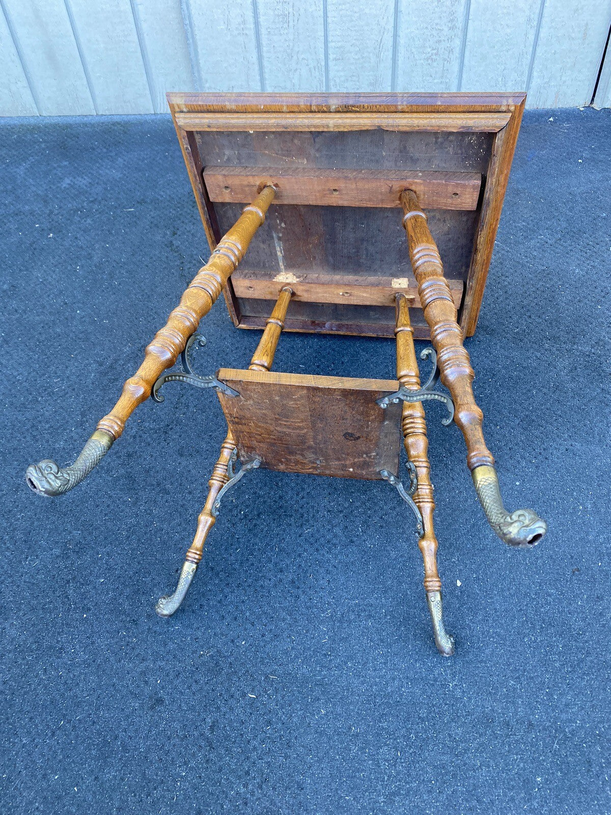 65163 Antique Victorian Oak Lamp Table Stand with Figural brass Feet
