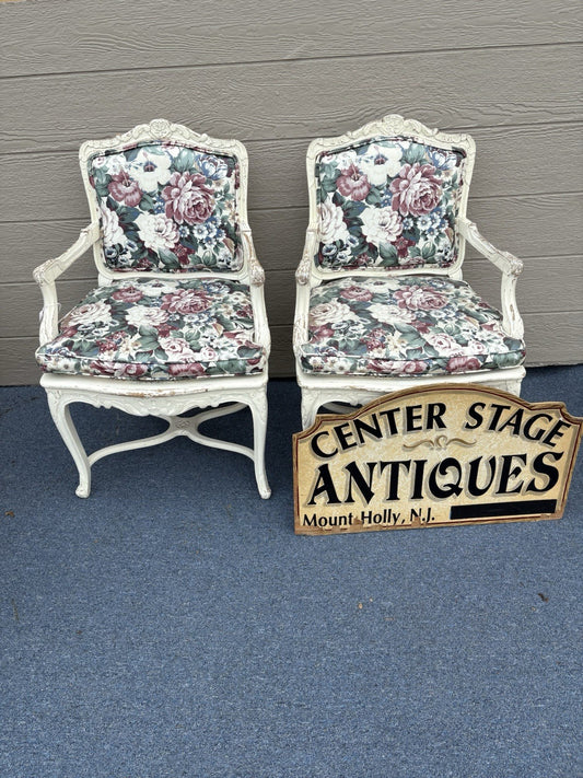 60612 PAIR of Romantic Shabby BERGERE Floral Armchairs with Factory White Finish
