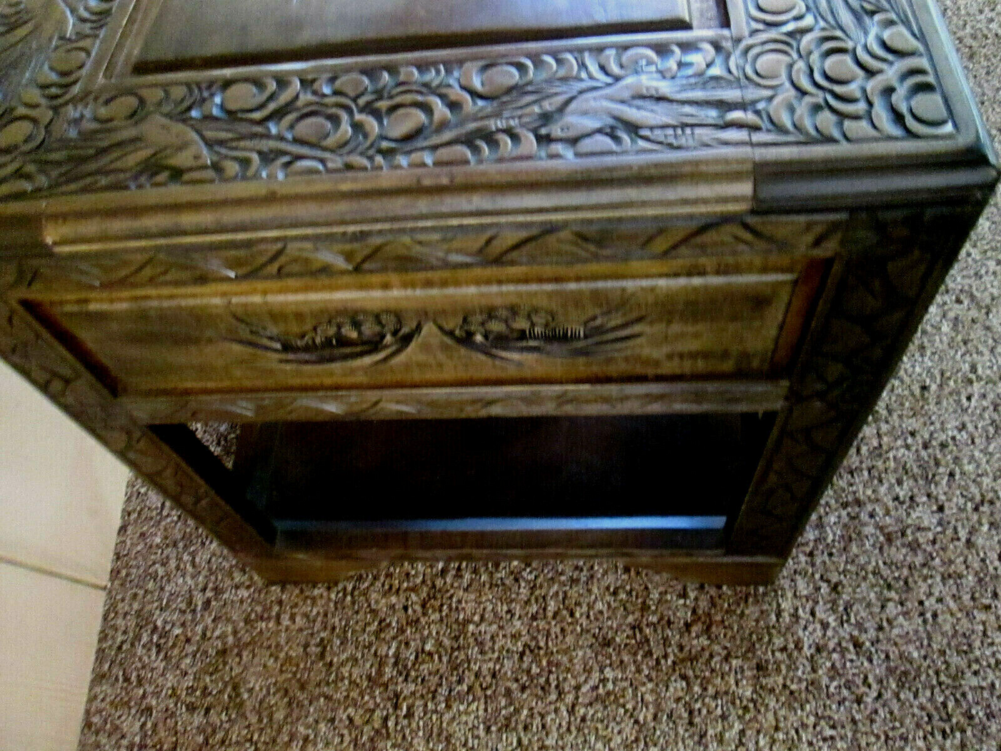 54174 CARVED ORIENTAL TABLE WITH DRAWER Bird carvings 