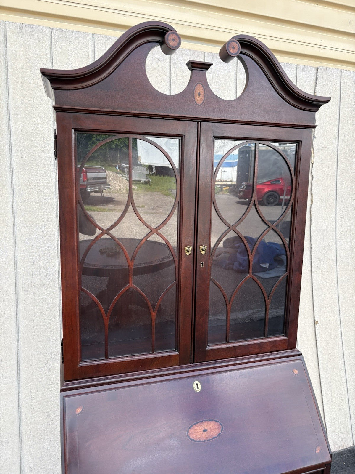 66641   Inlaid Mahogany Jasper Furniture Secretary Desk w/ Bookcase Top