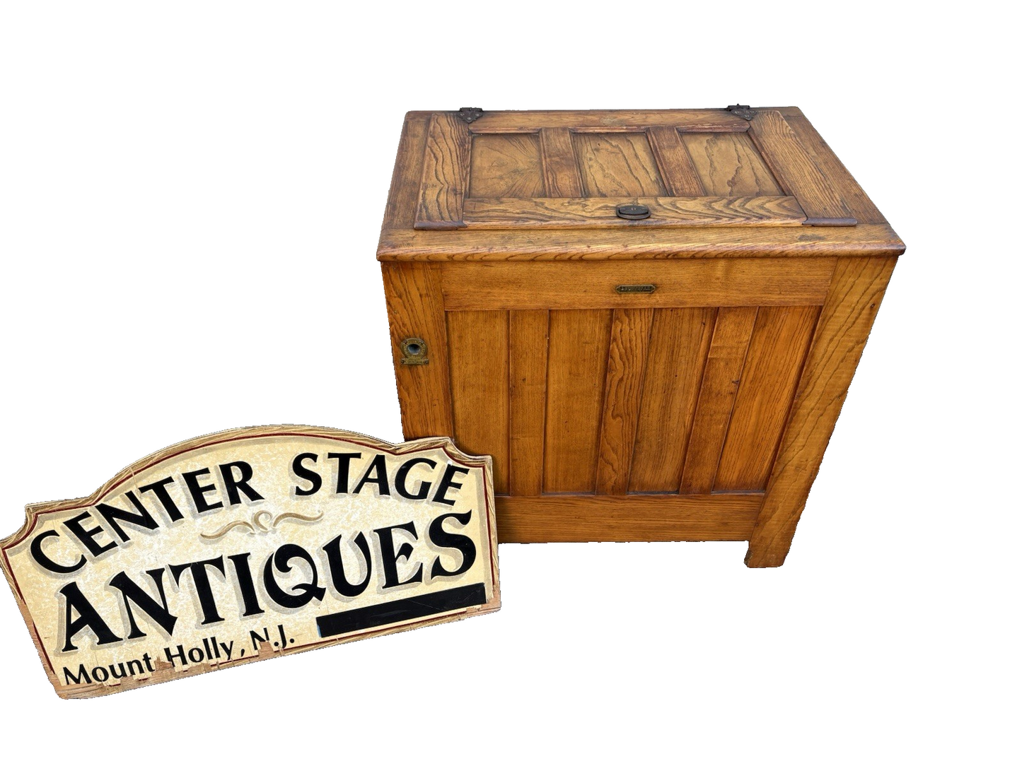 67160 Antique  BAMBERGER Victorian Oak Ice Box Refrigerator with Lift Top