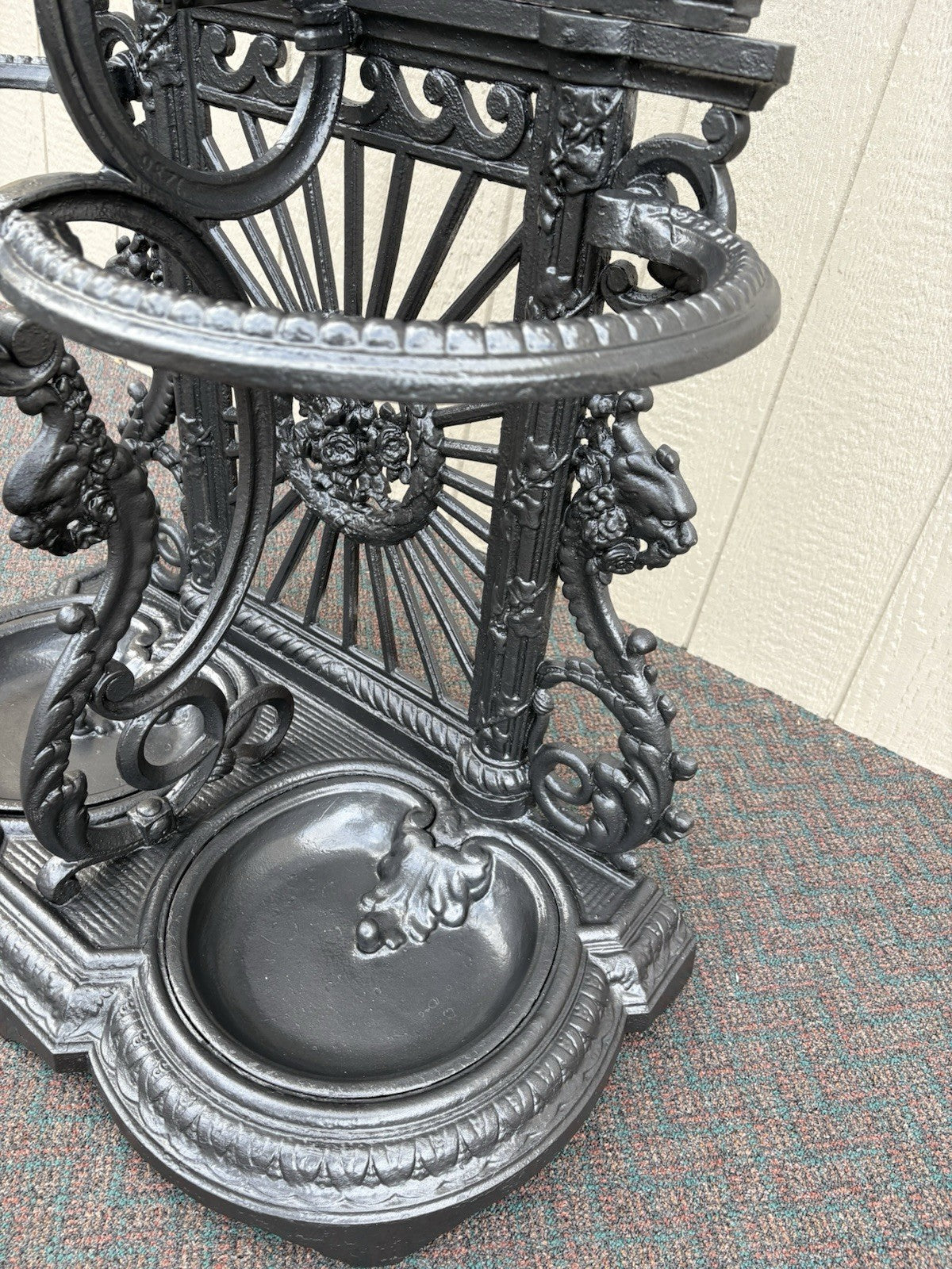 67160 Antique Victorian Cast Iron Hat Rack Halltree with Mirror Cherub and lion