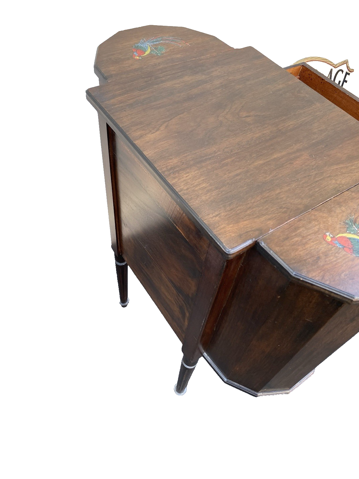 66476  Antique Mahogany Sewing Stand Parrot and Ship Designs