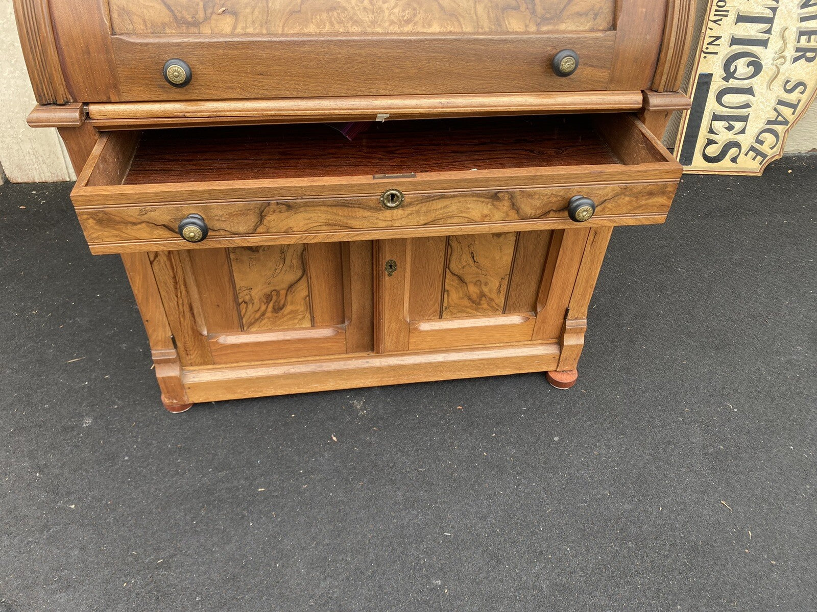 65390 Antique Victorian Burled Walnut Cylinder Desk w/ Bookcase Top and keys