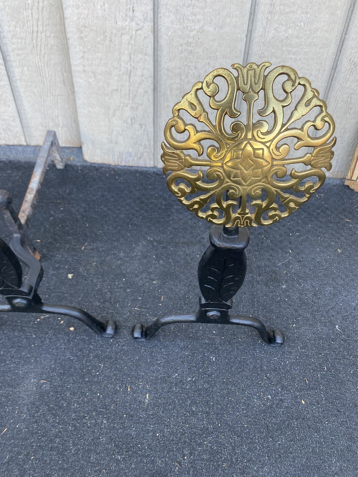 65387  Antique Iron  Andirons Fireplace Mantle