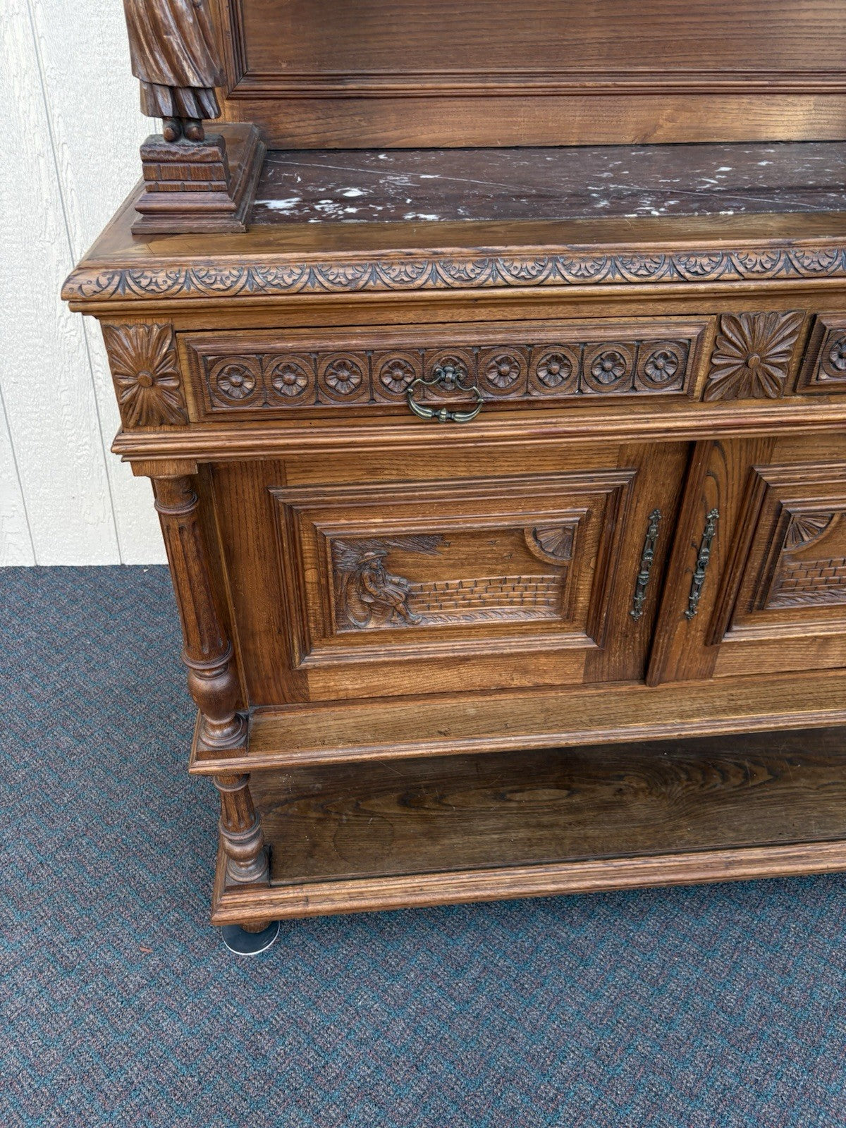 67011 Antique French Marble Top Buffet Sideboard Cabinet