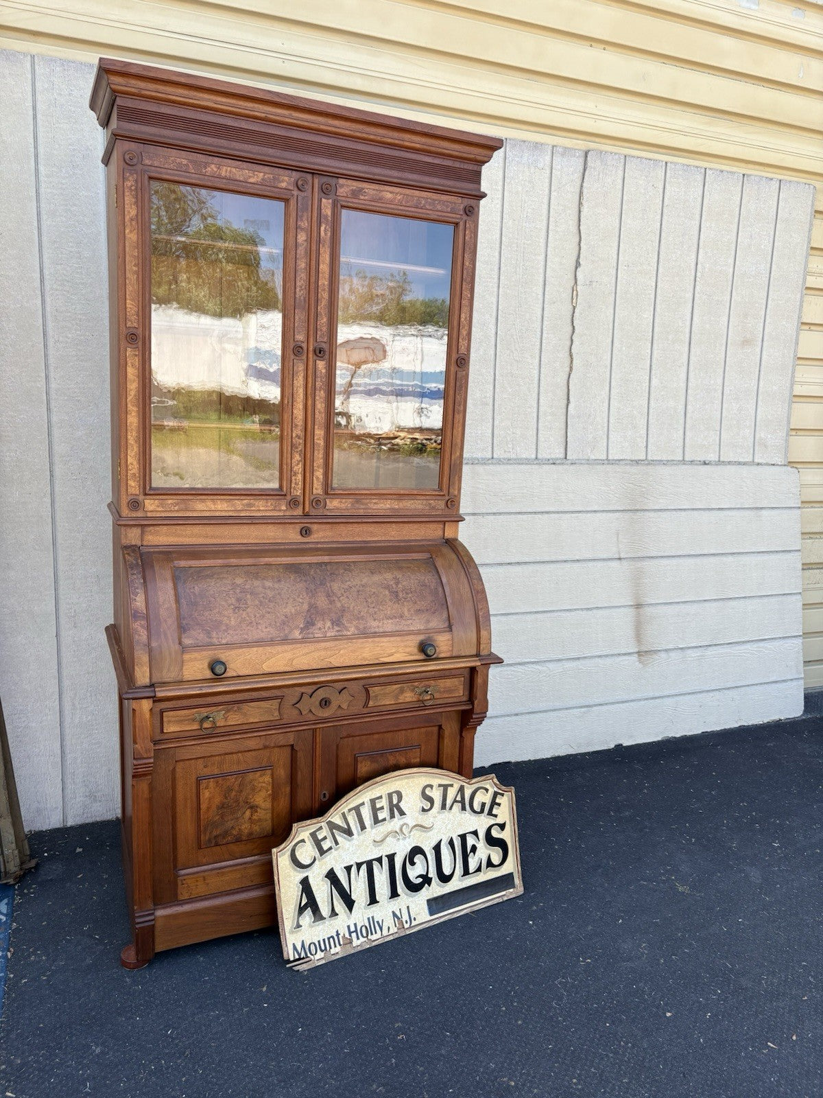 66644 Antique Victorian Walnut Cylinder Desk with Bookcase Top