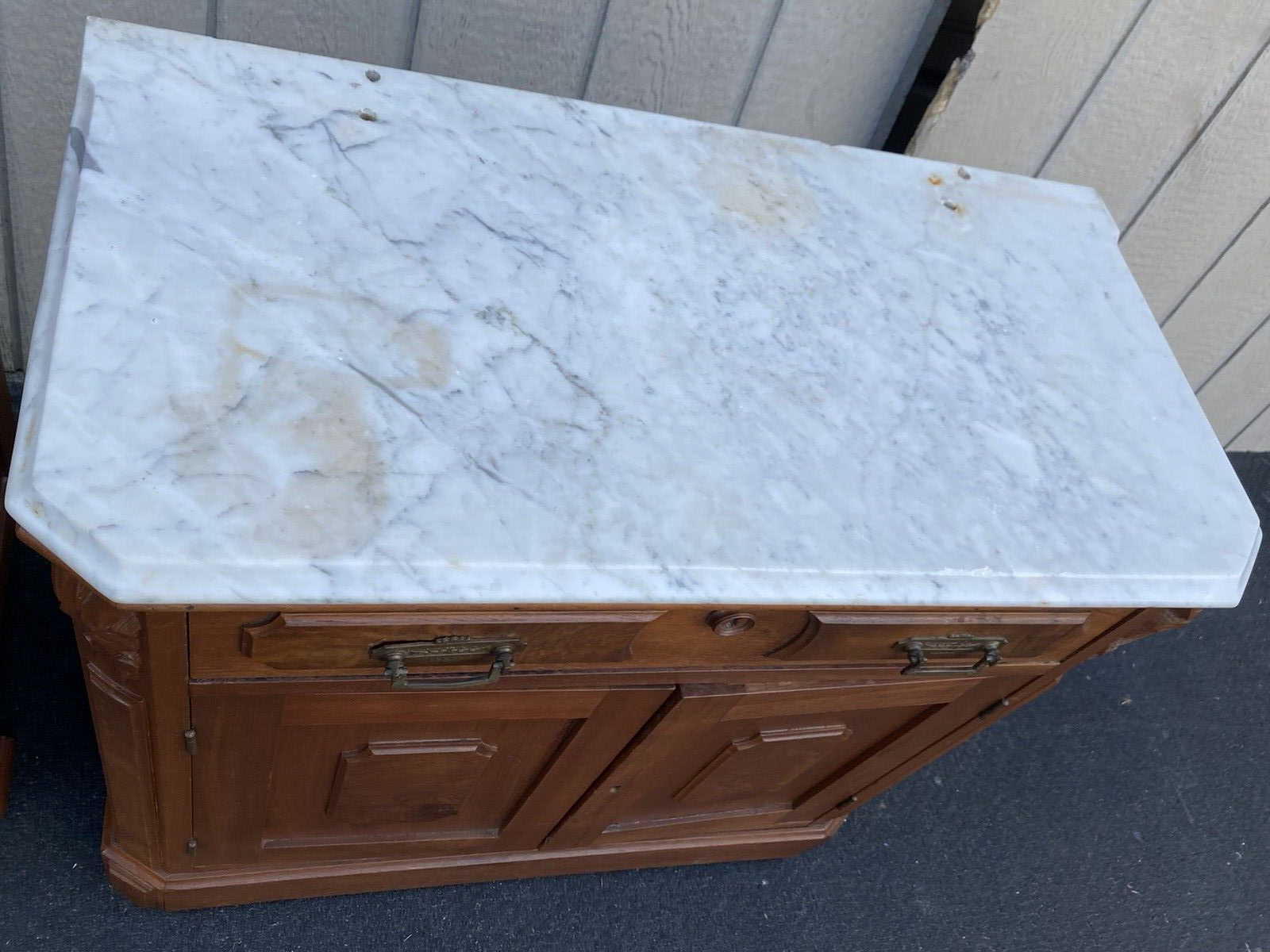 65513   Antique Walnut Marble Top Washstand Chest Stand 4 hole
