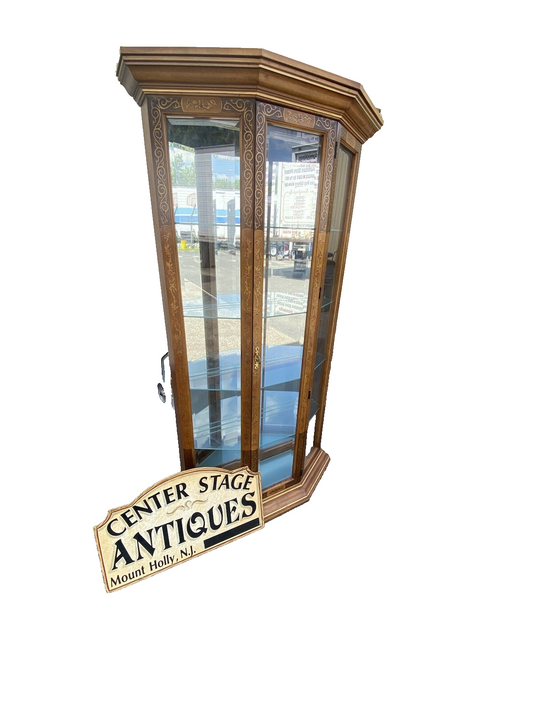 64593  Pulaski Stenciled Lighted Curio Cabinet With Plate Glass Shelves + Light